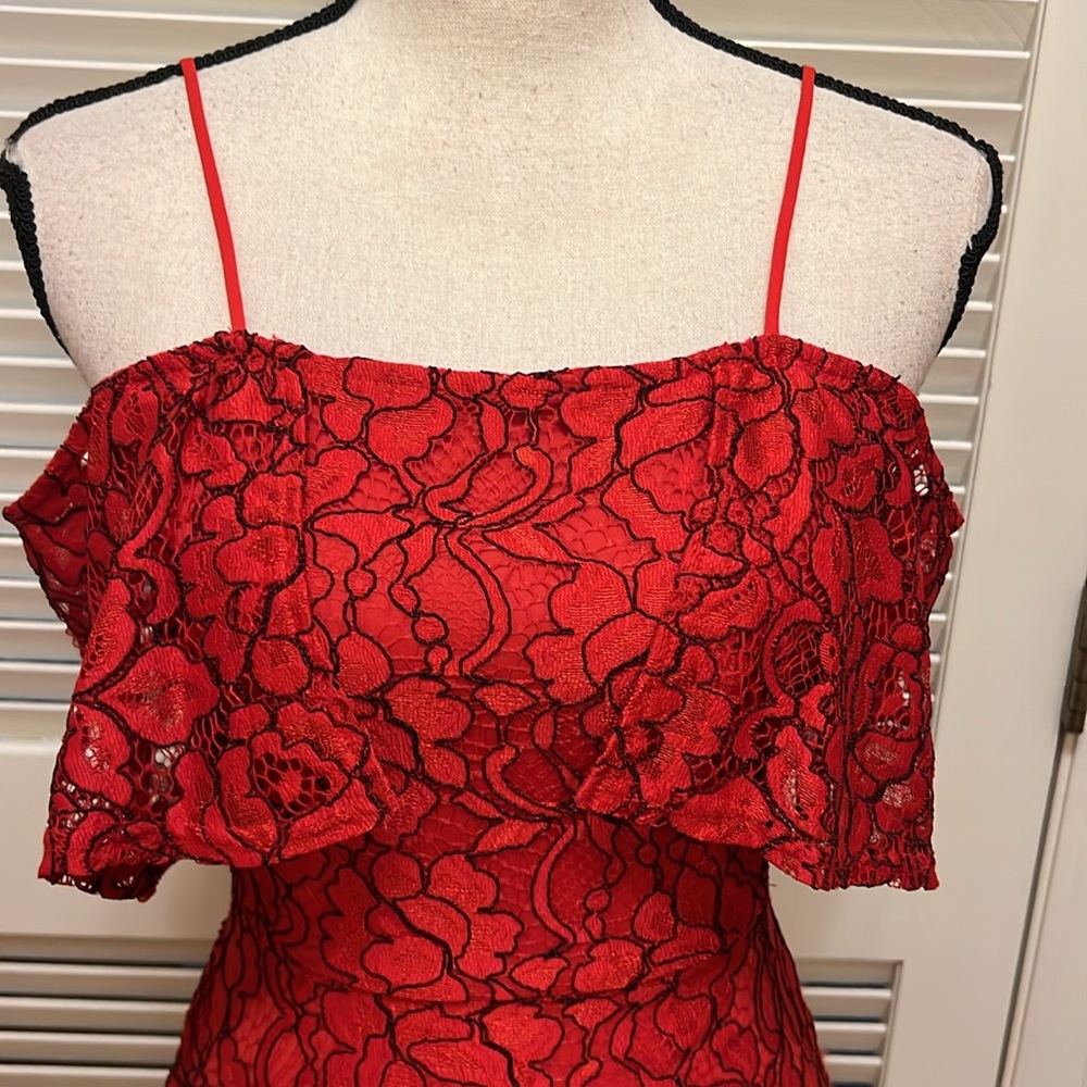 GB Dress~ Elegant Red Lace Off-Shoulder in Red with Black, Size XS, EUC - Picture 3 of 17
